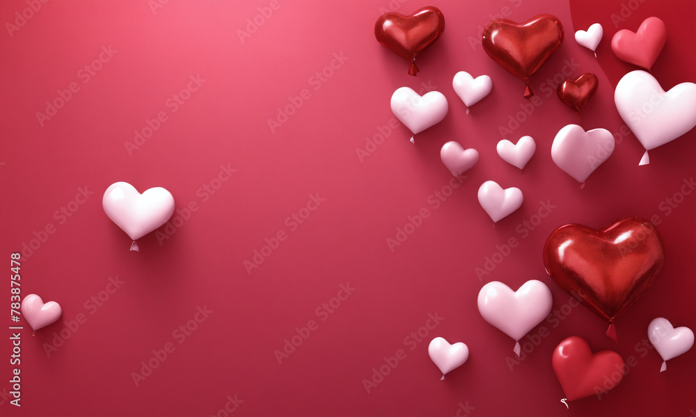 A background of hearts, different in size and colour, on a red background. Weddings. Valentine's Day