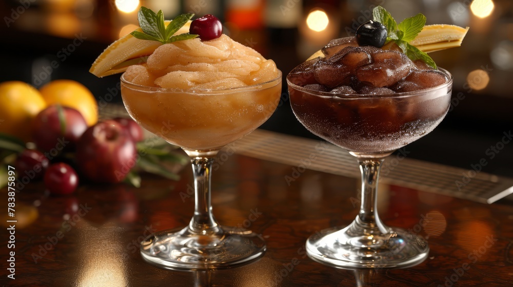 A tight shot of two wine glasses on a table, adorned with fruits beside them, and a wine bottle behind A tight shot of two wine glasses on a table, adorned with fruits beside them, and a wine bottle behind