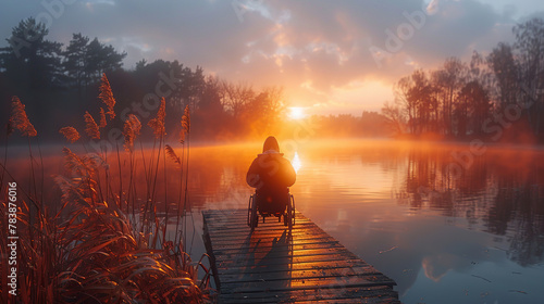 A man in a wheelchair sits on a dock by a lake. Image created by AI photo