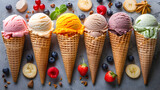 Array of Gourmet Ice Cream Cones with Natural Toppings