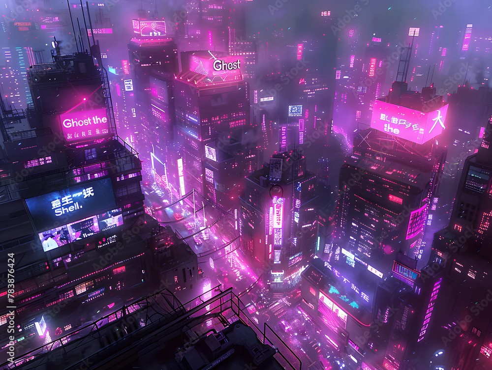 A cyberpunk city at night with tall buildings and neon lights.