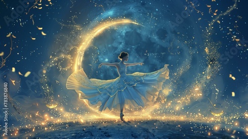 Enter a realm of enchantment where a graceful ballerina pirouettes amidst a swarm of luminous fireflies, framed against the crescent moon. 

 photo