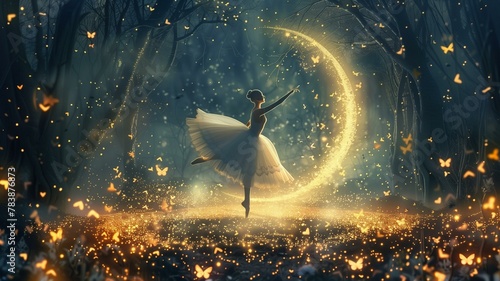 Enter a realm of enchantment where a graceful ballerina pirouettes amidst a swarm of luminous fireflies, framed against the crescent moon. 

 photo