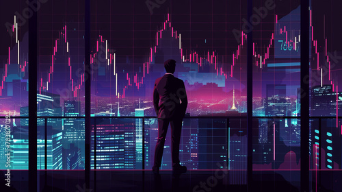 The businessman's gaze, penetrating the night landscape of the city, coincides with his analysis of financial data on the chart photo