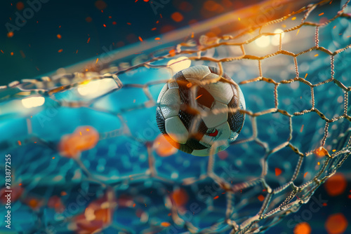 The soccer ball flies into the goal. Dynamic image of a football sword in the goal.