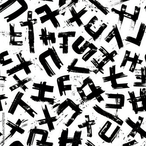 pattern of abstract glyphs resembling an undecipherable script, using black strokes on a pure white background