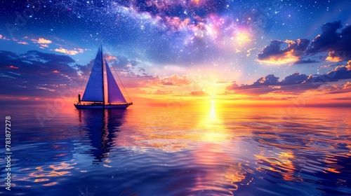  A sailboat floats atop a vast expanse of water beneath a star-studded night sky dotted with clouds