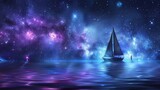   A sailboat floats on a tranquil body of water under the night sky, studded with stars and illuminated by the moon