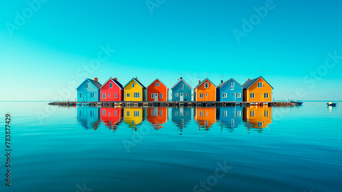 Tranquil seascape featuring a floating island of colourful houses reflected in the clam seas, with clear blue skies.