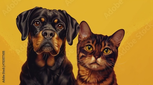 Black and brown dog and cat portrait together on yellow background isolated hyper realistic 
