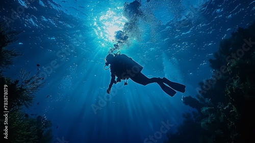  A person in a scuba suit swims beneath sunlit water, sunlight filtering through its surface