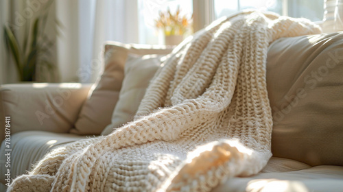 Detail shot of a decorative throw blanket draped over a sofa in a living room, modern interior design, scandinavian style hyperrealistic photography