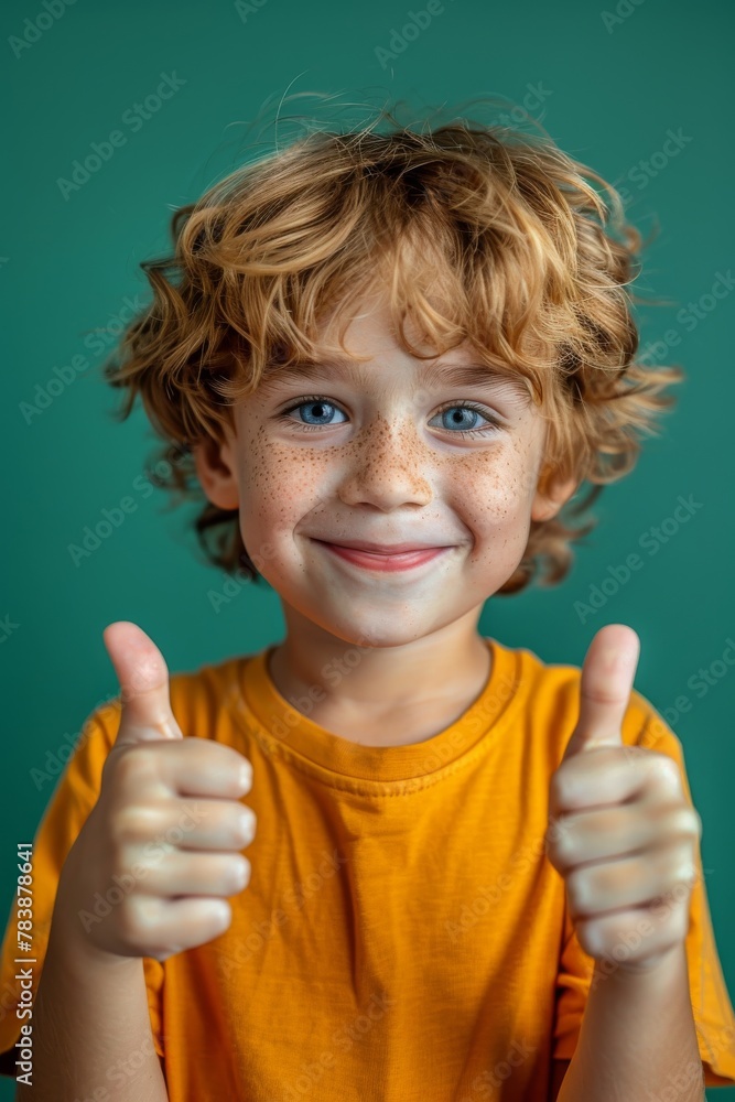 Smiling boy with reddish hair and freckles giving thumbs up in an orange shirt on a green backdrop Smiling boy with reddish hair and freckles giving thumbs up in an orange shirt on a green backdrop