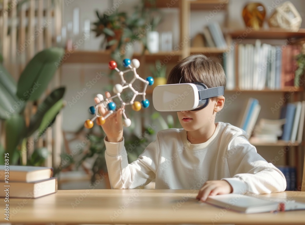 A young student in a bright classroom holds a molecular structure model, surrounded by books and educational materials A young student in a bright classroom holds a molecular structure model, surrounded by books and educational materials
