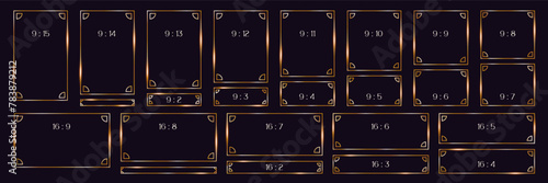 set gold line frames of rectangular shape, thin luxury borders in art deco steampunk style for textbox, app, web