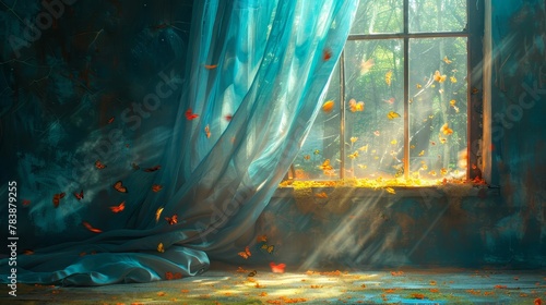   A painting of an open window with curtains, revealing falling leaves on the sill photo