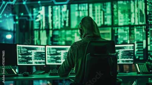 Green hacker interface screen internet crime concept Cybersecurity. photo