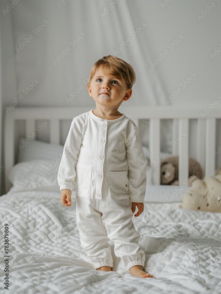A curious toddler stands confidently in onesie pajamas on a white bed, with a soft and warm ambiance A curious toddler stands confidently in onesie pajamas on a white bed, with a soft and warm ambiance