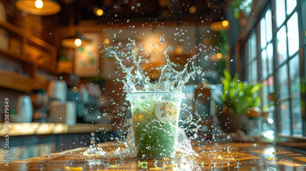 A glass holding a green smoothie, topped with a splash of water cascading from the shaker A glass holding a green smoothie, topped with a splash of water cascading from the shaker