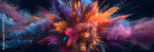 3d render, abstract background, multicolored paint, liquid explosion. Colorful Holi powder blowing up Holi festival and celebration.