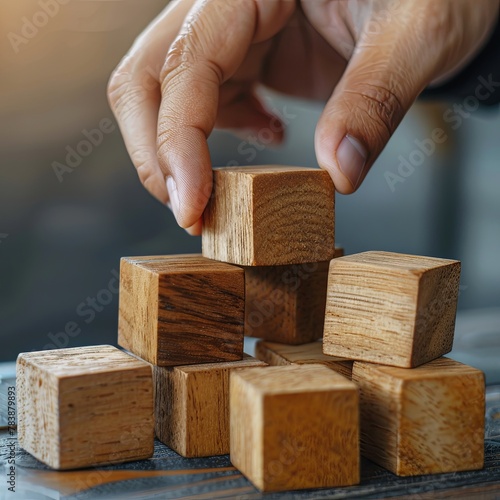 Hand stacking wooden cubes with business strategy and action plan, oriented business concept. business development concept. generative ai photo