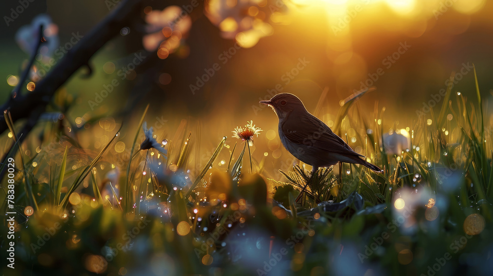 Fototapeta premium A small bird atop a lush, green grass field borders a white and yellow flower expanse