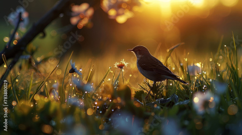   A small bird atop a lush, green grass field borders a white and yellow flower expanse photo