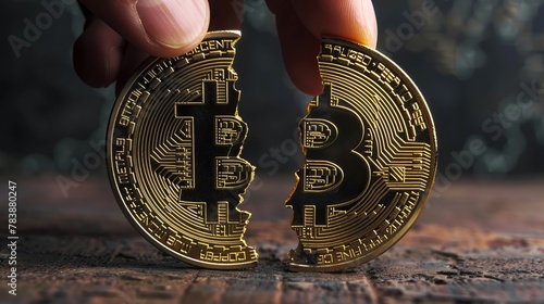 two fingers breaking a bitcoin in half photo