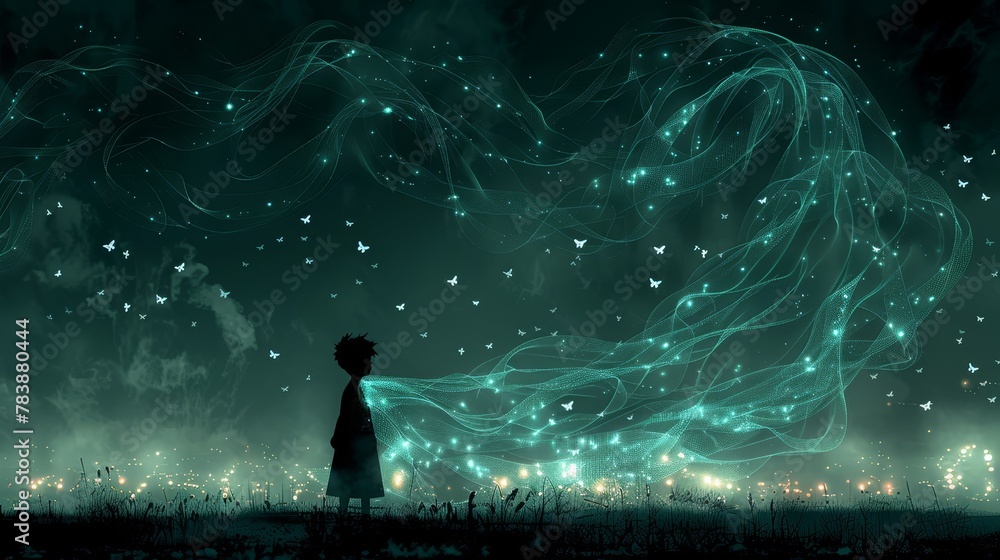   A painting of a person standing in a field under a star-filled night sky