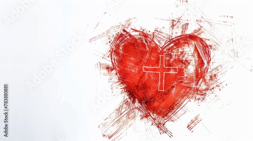 Bright red heart with a cross inside, on a white background, donorship and charity concept photo