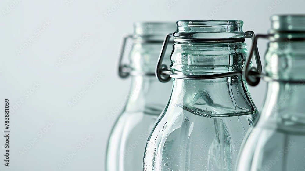 Close-up of eco-friendly glass water bottles, minimalist design highlighted against a pure backdrop Close-up of eco-friendly glass water bottles, minimalist design highlighted against a pure backdrop