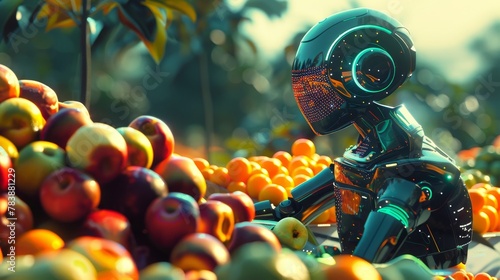A robot with glowing sensors sorts through a pile of fruits  enhancing agricultural efficiency
