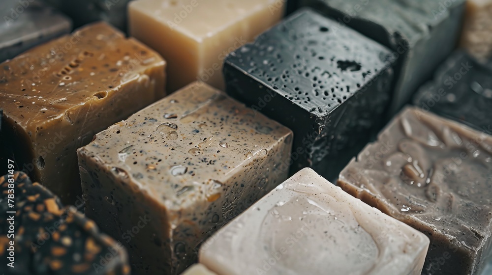 Artistic close-up of earth-toned natural soaps, reflecting an eco-conscious minimalist vibe Artistic close-up of earth-toned natural soaps, reflecting an eco-conscious minimalist vibe