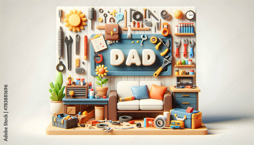 Father's Day 3D Icon: Dad's Workshop - A Cozy Scene of Tools Representing a Dad's Handy Skills, Poster with Isolated White Background
