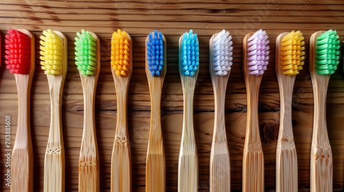 Array of bamboo toothbrushes, each with uniquely colored bristles, symbolizing sustainable choices photo