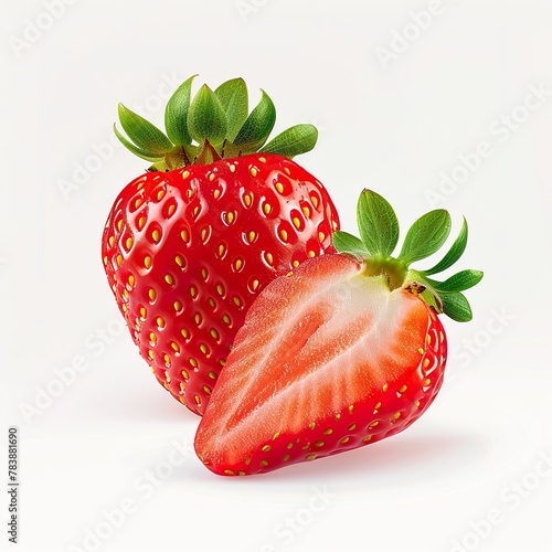 Isolated on a white backdrop are halves and whole berries of red, juicy strawberries, perfect for food or health-related concepts