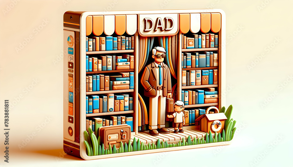 3D Icon: Father's Library Poster with Books Depicting Life Lessons and Stories, Father's Day Theme on Isolated White Background 3D Icon: Father's Library Poster with Books Depicting Life Lessons and Stories, Father's Day Theme on Isolated White Background