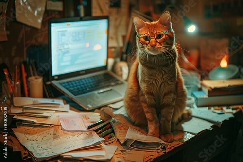  The red cat sitting with the laptop wearing the glasses