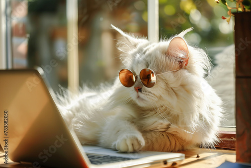  The cat sitting with the laptop wearing the glasses, looking into laptop