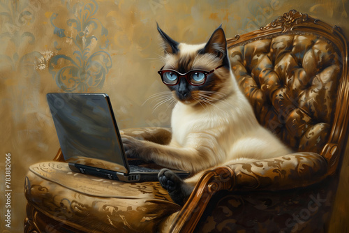 A sophisticated Siamese cat with striking blue eyes, sitting with the laptop wearing the glasses, looking into laptop © ashva