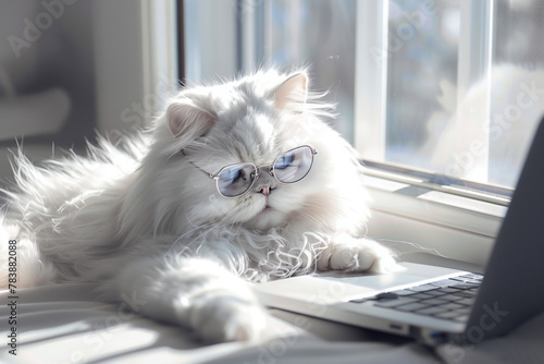  The cat sitting with the laptop wearing the glasses, looking into laptop © ashva