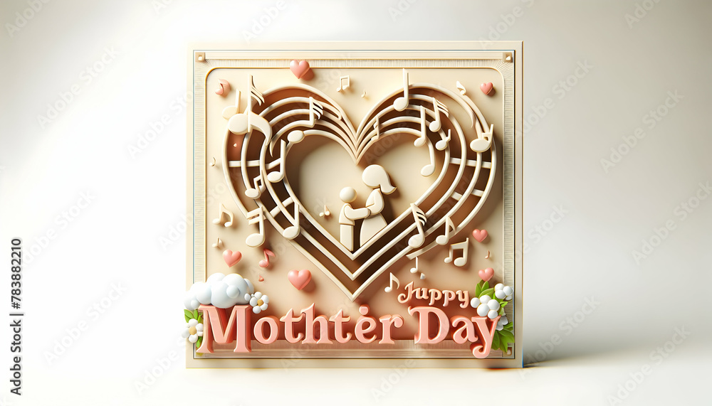 3D Icon: Mother Melody � A Heart of Musical Notes in Mother's Day Poster on White Background