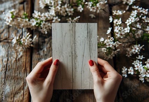 beautiful hand holding a greeting card mockup  photo