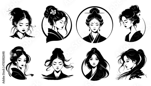 Elegant Asian women with traditional hairstyles. Set of monochrome vector logo of historical Asian females, traditional and oriental aesthetics