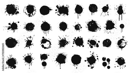 Set of abstract black ink splashes and blots on a white background. Vector collection of black paint splatters, grunge artistic effect. Ink stains and blotches textures