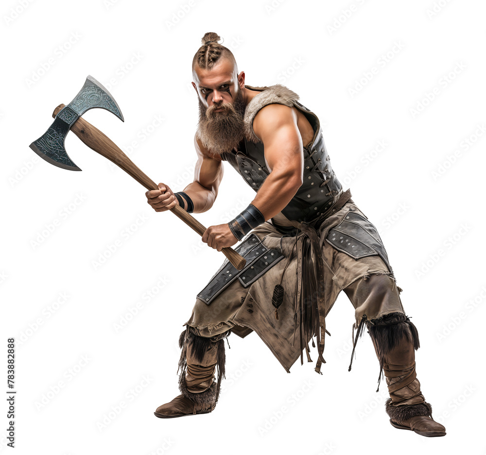 Viking axeman full body pose on isolated background