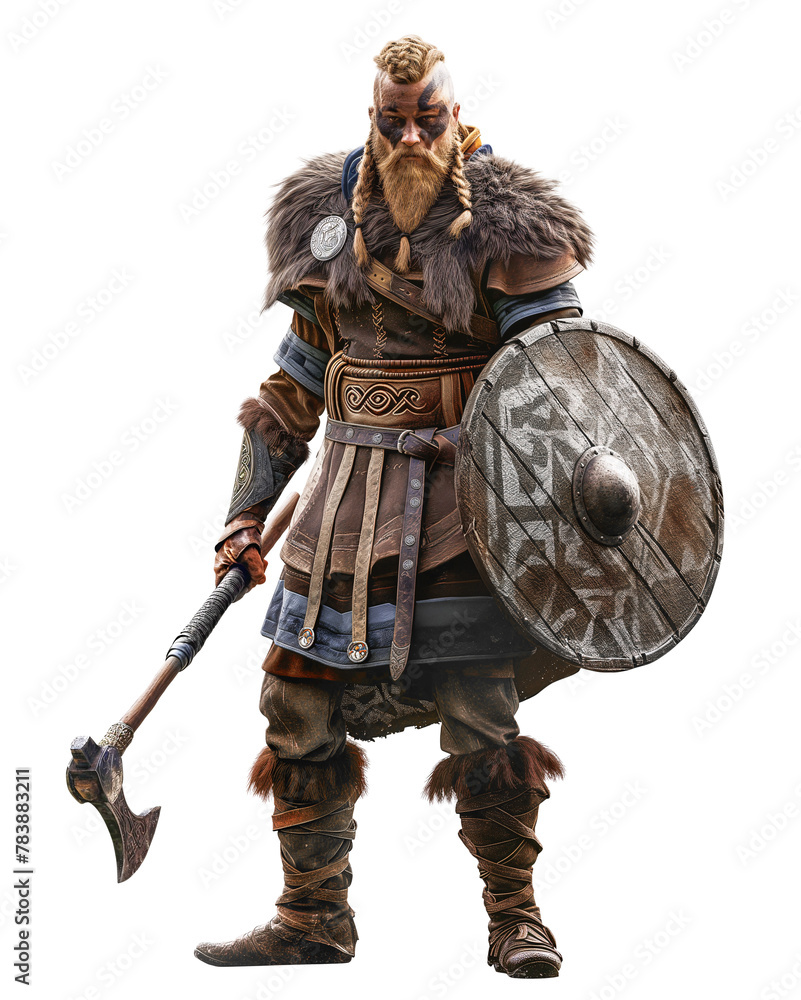 Viking warrior standing while holding an axe and shield