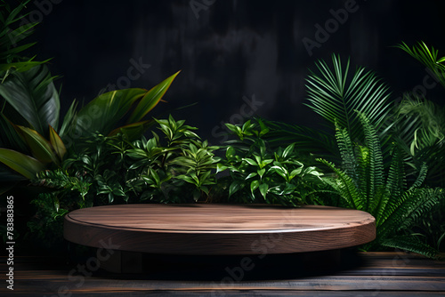 Round wooden table counter deck with tropical leaves over dark background