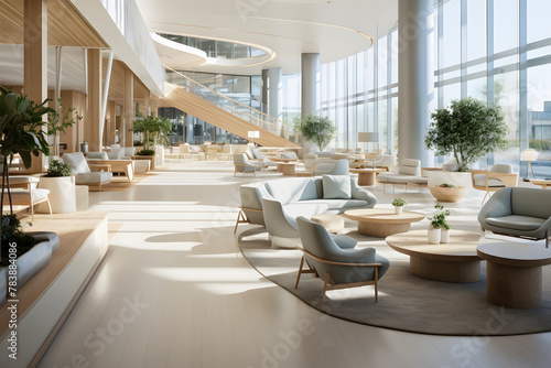 Interior shot of a modern lobby showcase.