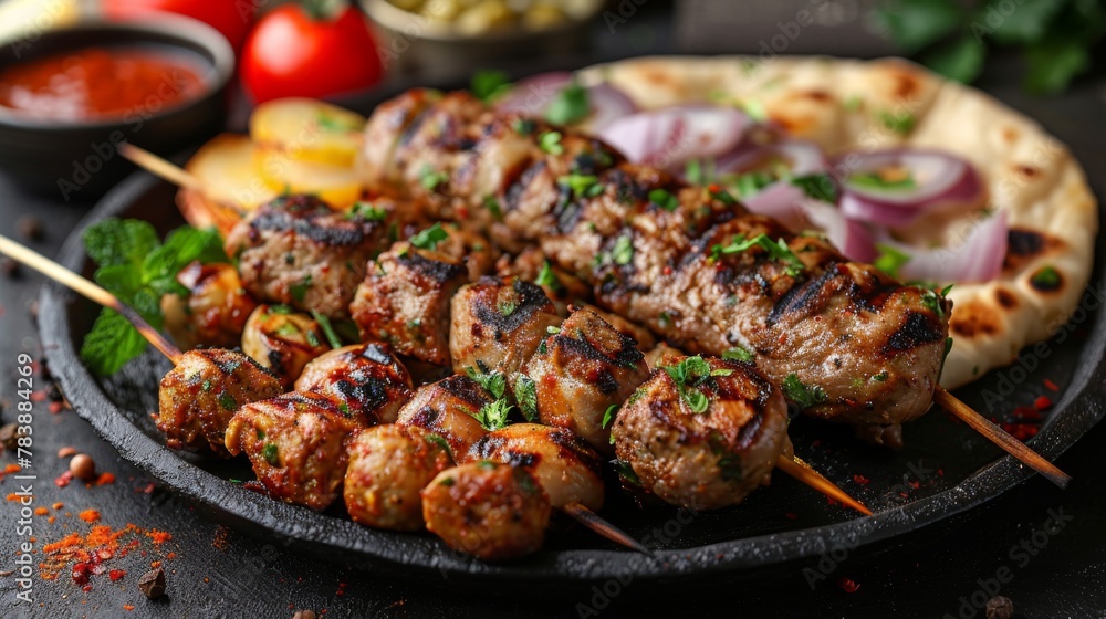 Fried meat, shish kebab on a grill on a skewer, a tasty but not healthy delicacy, with grilled vegetables and pita bread from the oven, pork steak